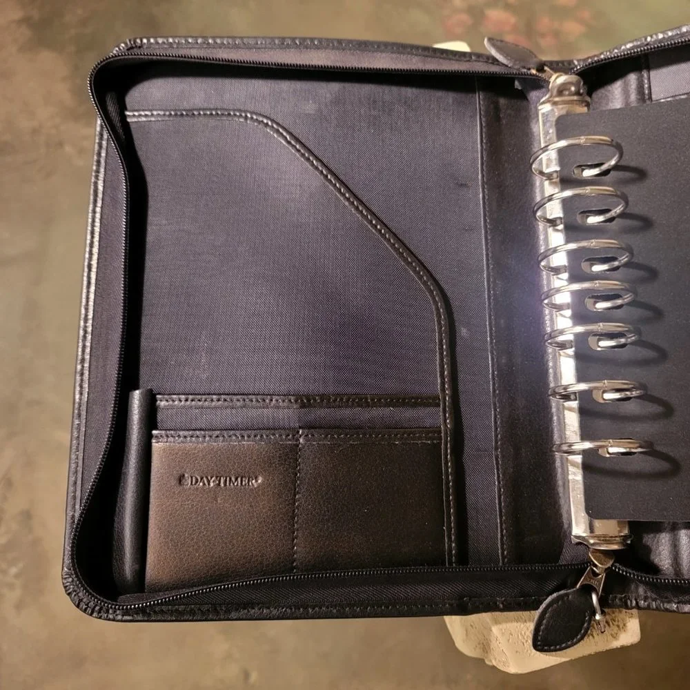 Black Day Timer Cover Smooth Leather Dual Zip Medium Size 7 Rings Organizer